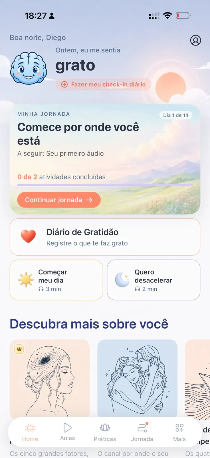 Início do Emotize com práticas e diário