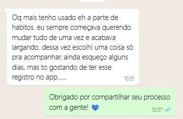Mensagem sobre o acompanhamento de hábitos e resposta do suporte