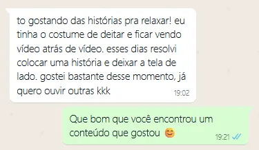 Mensagem sobre as histórias para relaxar e resposta do suporte